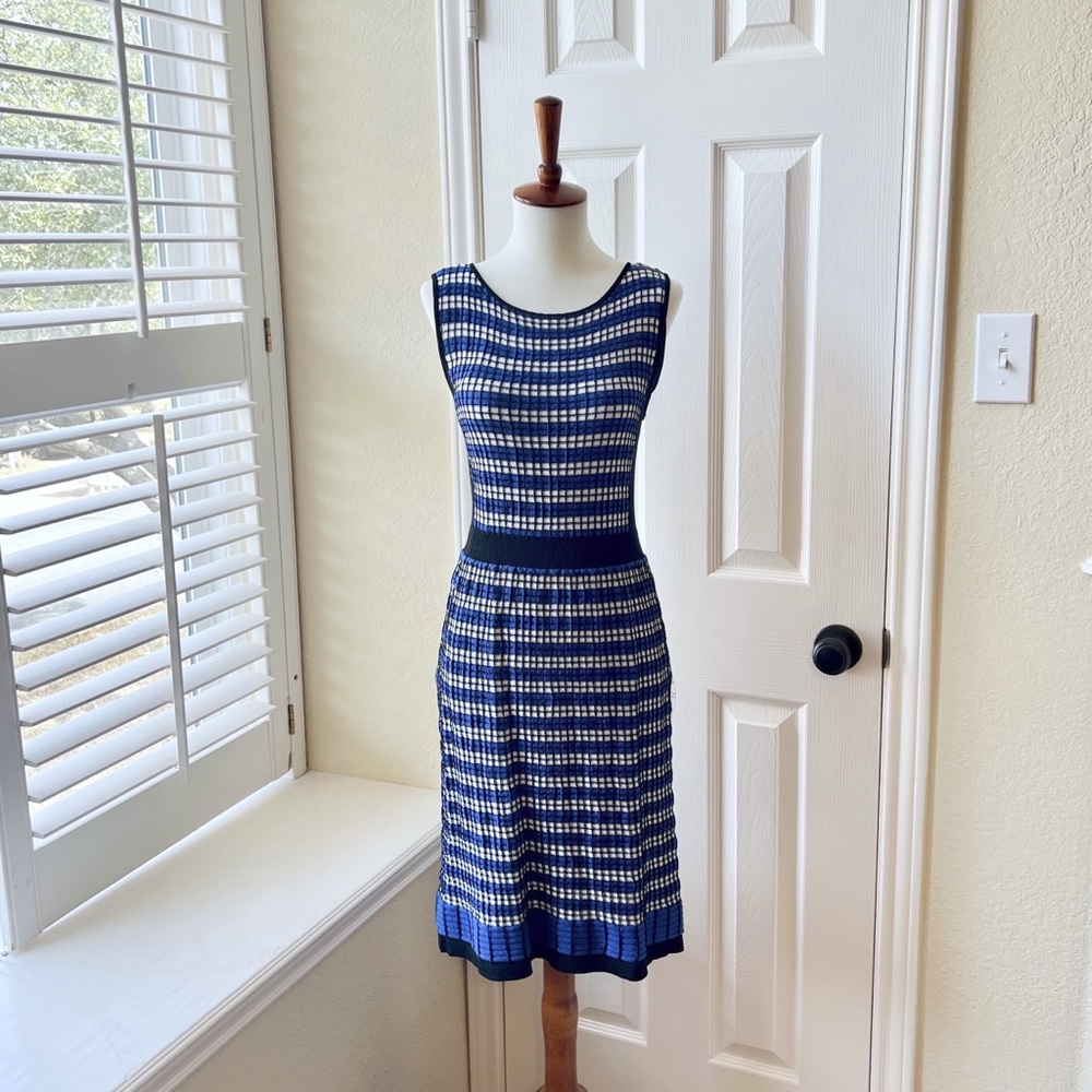 Perry Ellis Blue/Black/White Stretchy Sleeveless A-line Dress